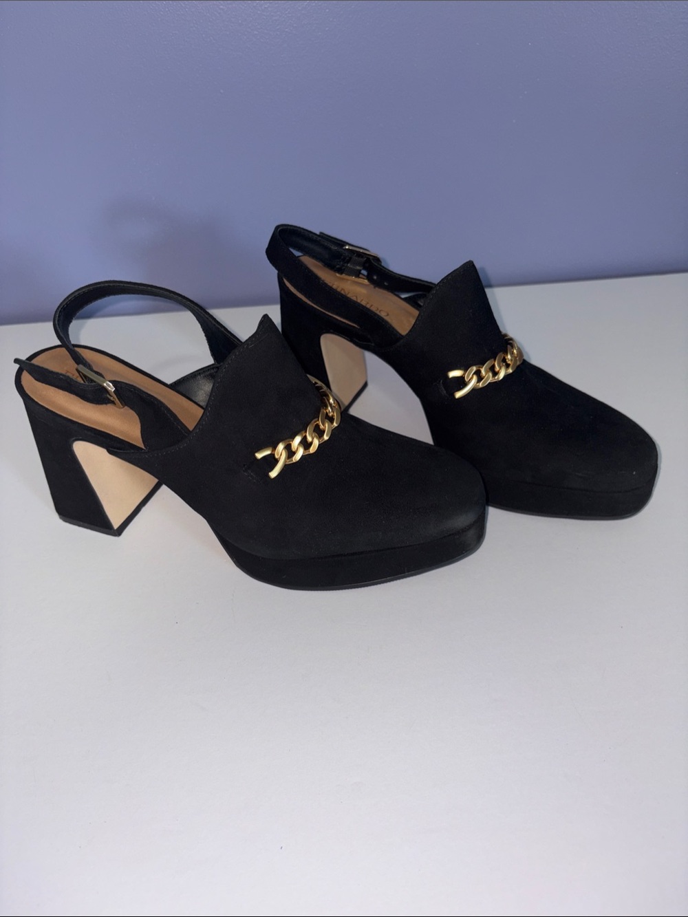 Bernardo Napa Black Suede Platform Slingback Heels with Gold Chain Accent